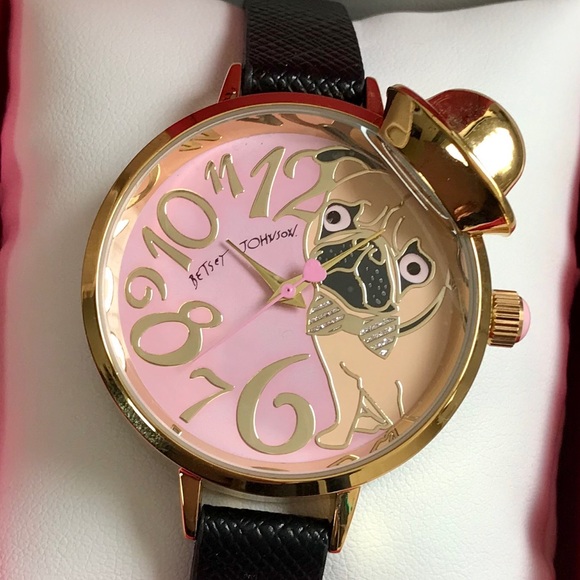 Betsey Johnson Pink Pug in a Hat Black Strap Watch - Picture 6 of 8